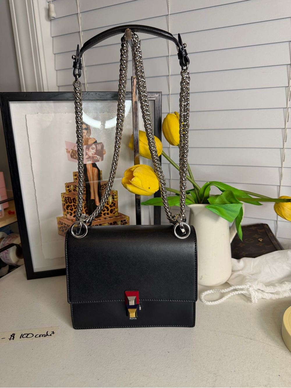 Fendi Kan I Small Shoulder Bag Black Leather Multicolor Stud Lock Authentic
